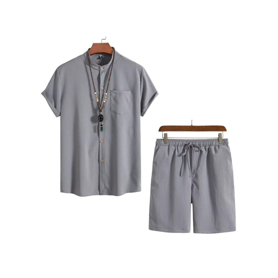 Men’s Plus Size Casual Short Sleeve Shirt and Shorts Set Grey / M Apparel and Accessories