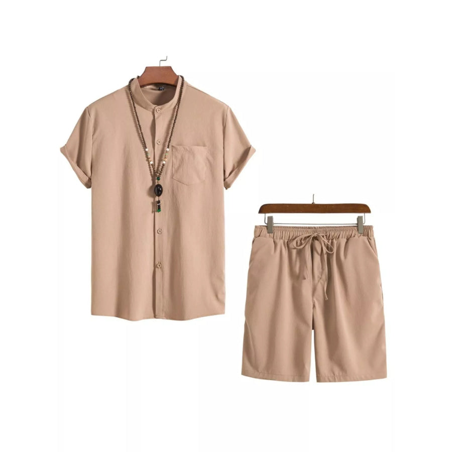 Men’s Plus Size Casual Short Sleeve Shirt and Shorts Set Khaki / M Apparel and Accessories