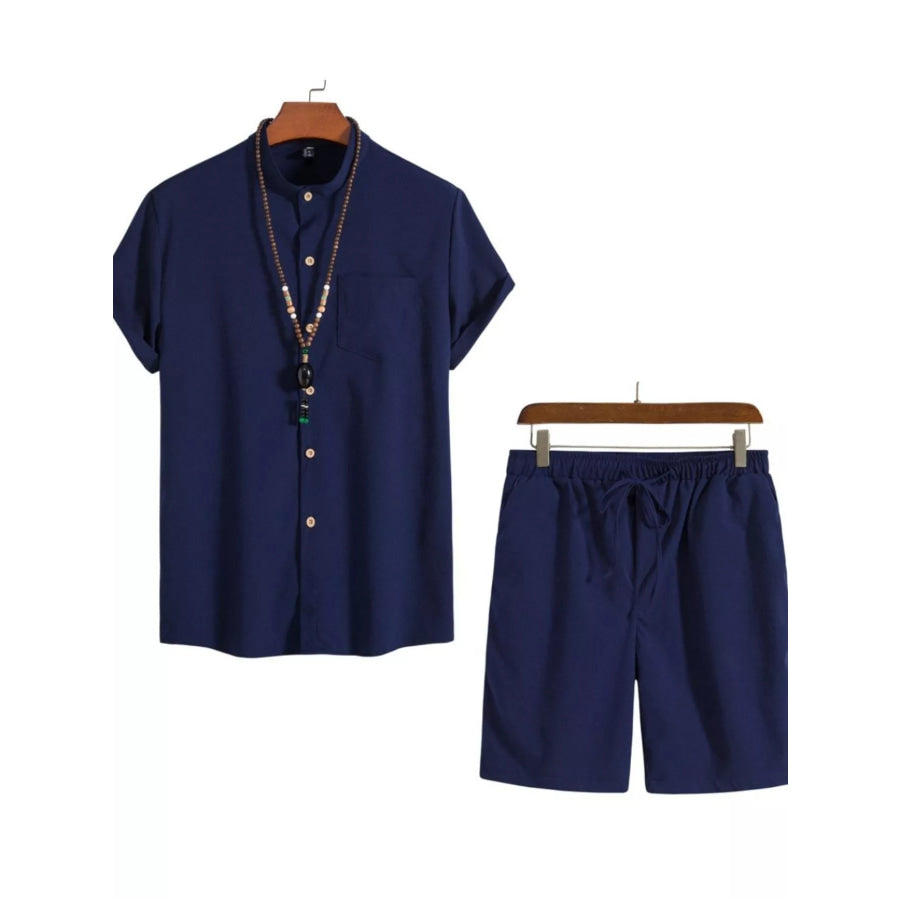 Men’s Plus Size Casual Short Sleeve Shirt and Shorts Set Navy / M Apparel and Accessories