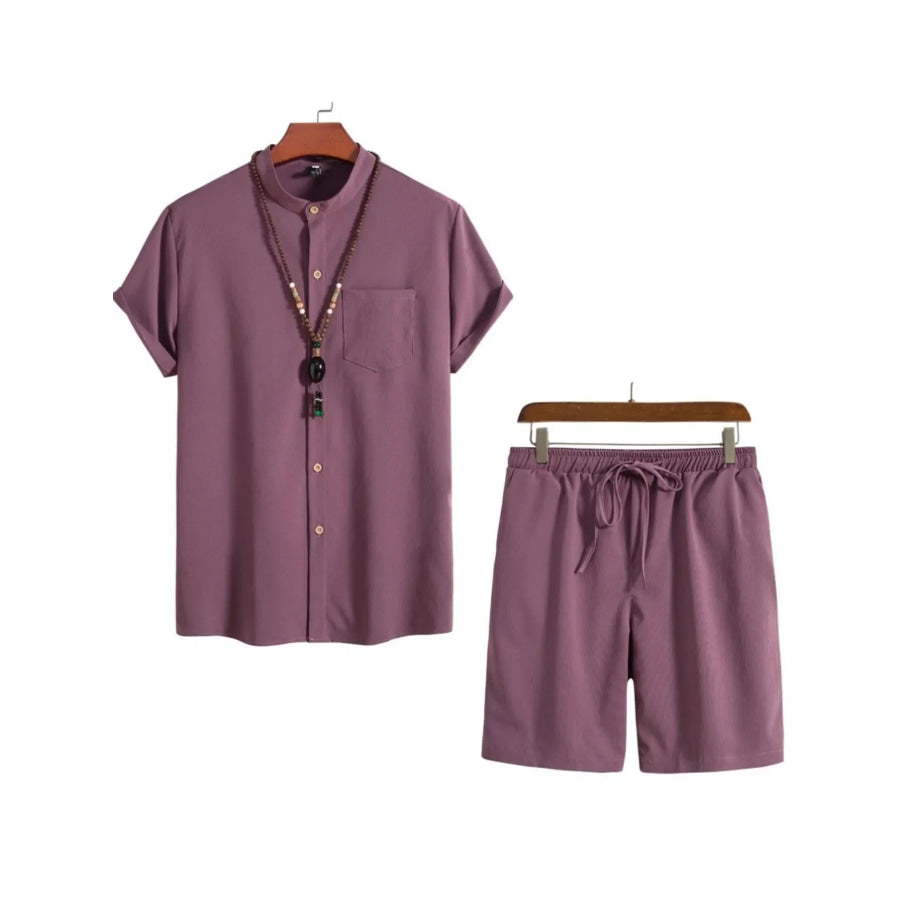 Men’s Plus Size Casual Short Sleeve Shirt and Shorts Set Plum Purple / M Apparel and Accessories