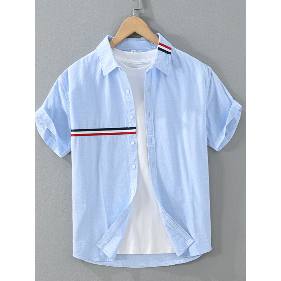 Men’s Plus Size Casual Short Sleeve Shirt with Contrast Stripe Detail Sky Blue / M Apparel and Accessories