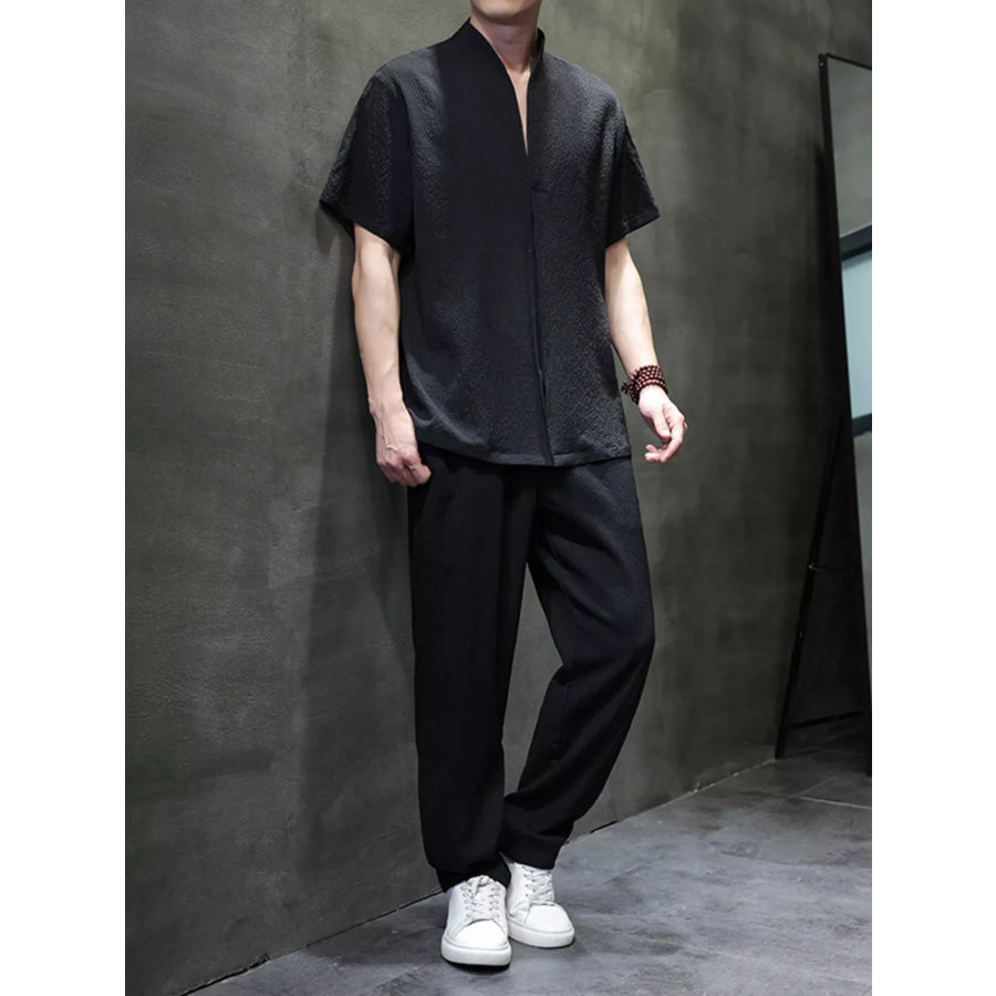 Men’s Plus Size Casual Short Sleeve Top and Pants Set Black / M Apparel and Accessories