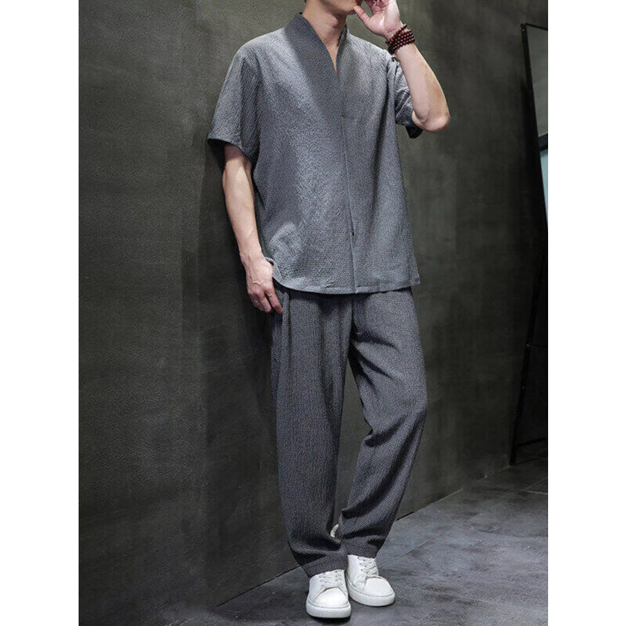 Men’s Plus Size Casual Short Sleeve Top and Pants Set Gray / M Apparel and Accessories