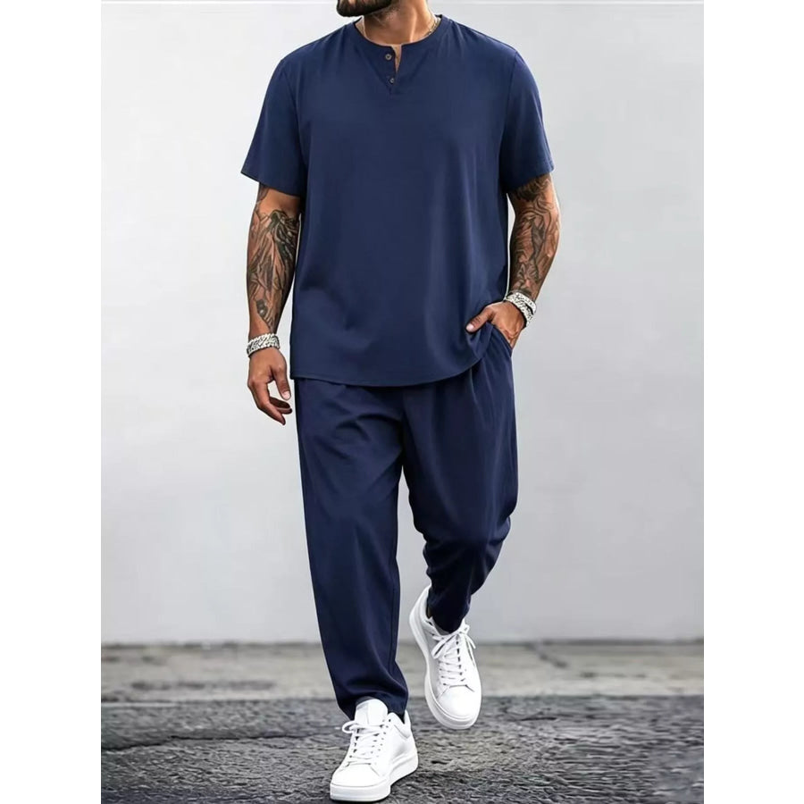 Men’s Plus Size Casual Short Sleeve Top and Pants Set Navy Blue / M Apparel Accessories