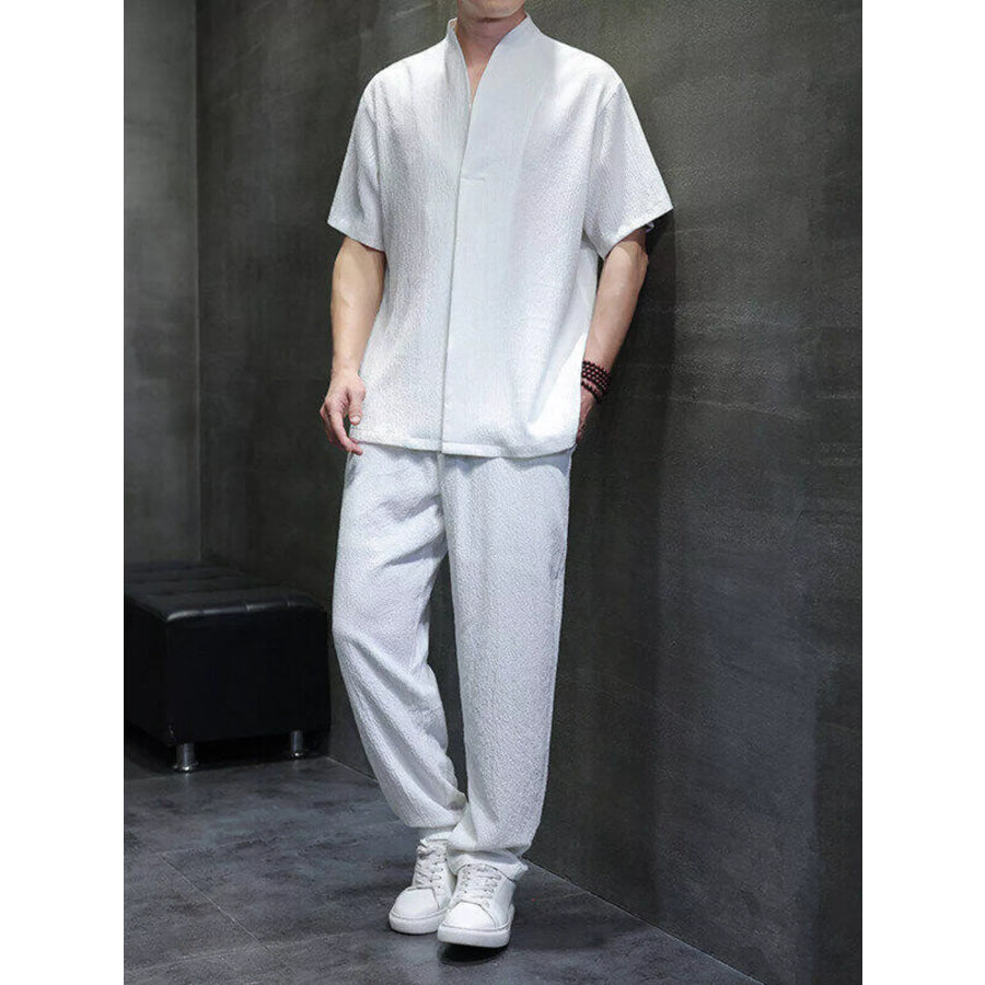 Men’s Plus Size Casual Short Sleeve Top and Pants Set White / M Apparel and Accessories