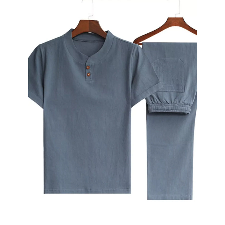Men’s Plus Size Casual Short Sleeve Top & Pants Set Gray / M Apparel and Accessories