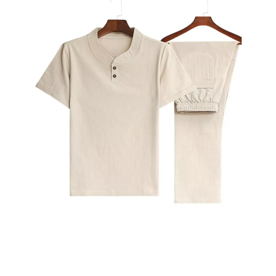 Men’s Plus Size Casual Short Sleeve Top & Pants Set Khaki / M Apparel and Accessories