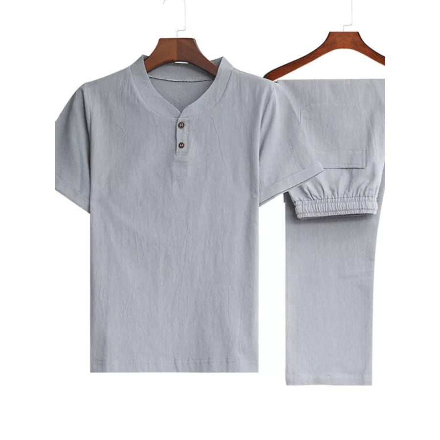 Men’s Plus Size Casual Short Sleeve Top & Pants Set Light Gray / M Apparel and Accessories