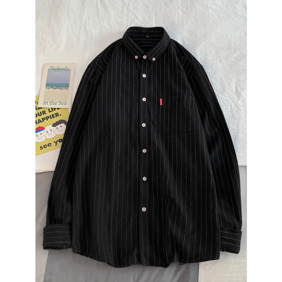 Men’s Plus Size Casual Striped Long Sleeve Shirt Black / M Apparel and Accessories