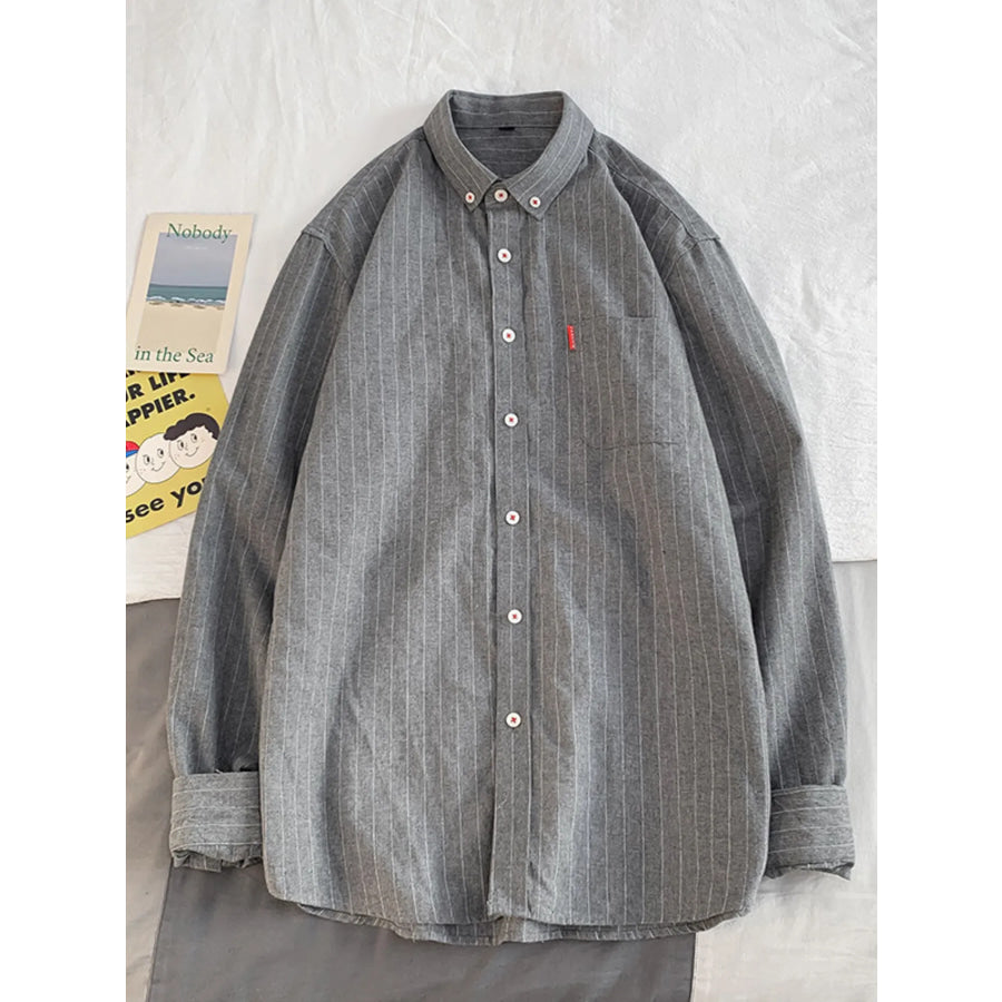 Men’s Plus Size Casual Striped Long Sleeve Shirt Grey / M Apparel and Accessories