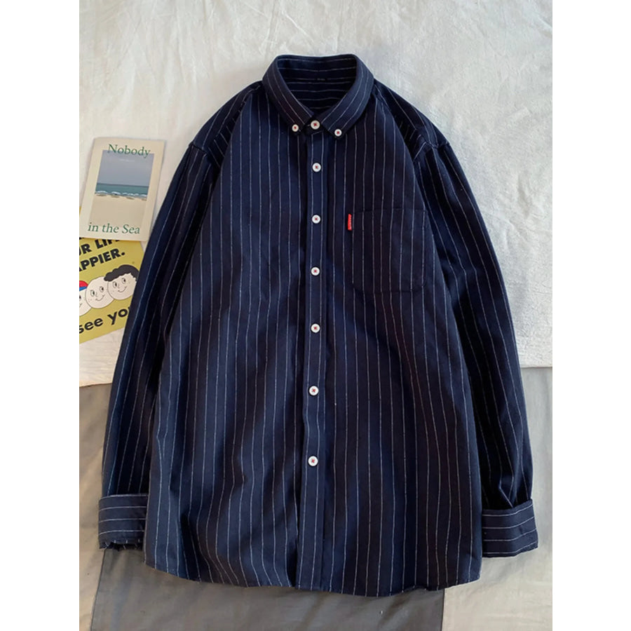 Men’s Plus Size Casual Striped Long Sleeve Shirt Navy Blue / M Apparel and Accessories