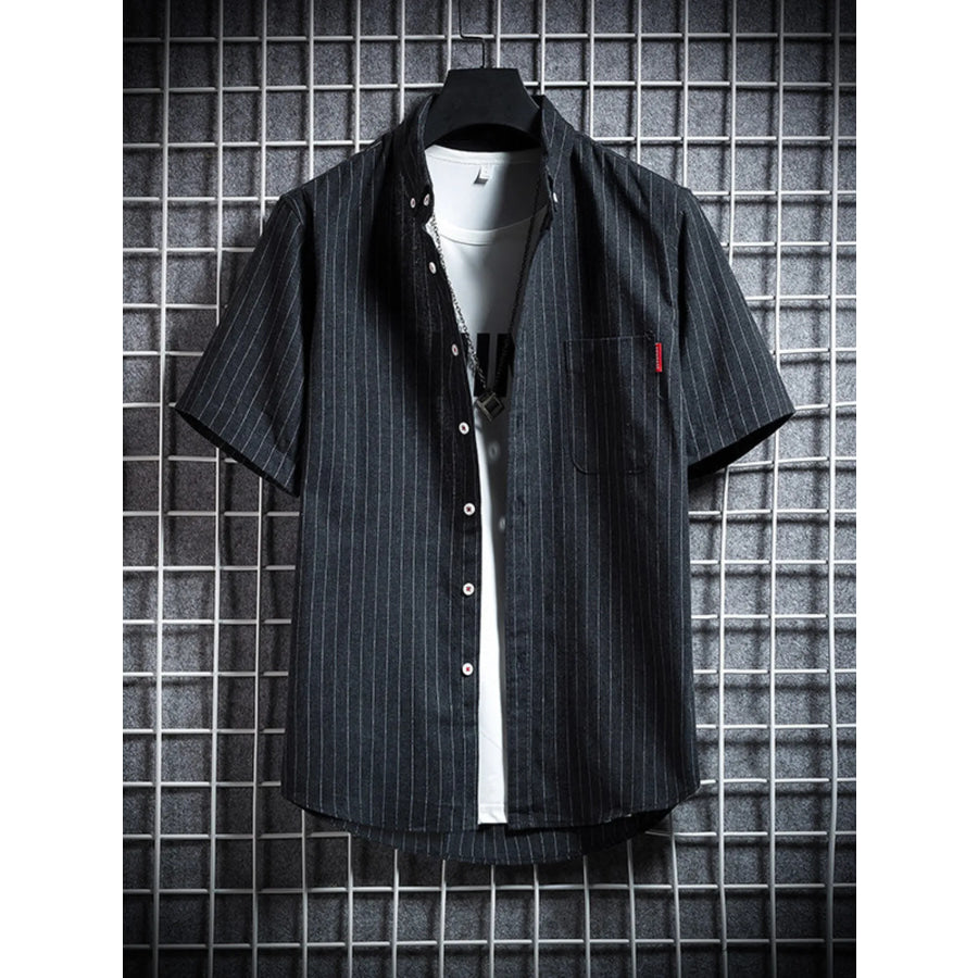 Men’s Plus Size Casual Striped Short Sleeve Shirt Black / M Apparel and Accessories