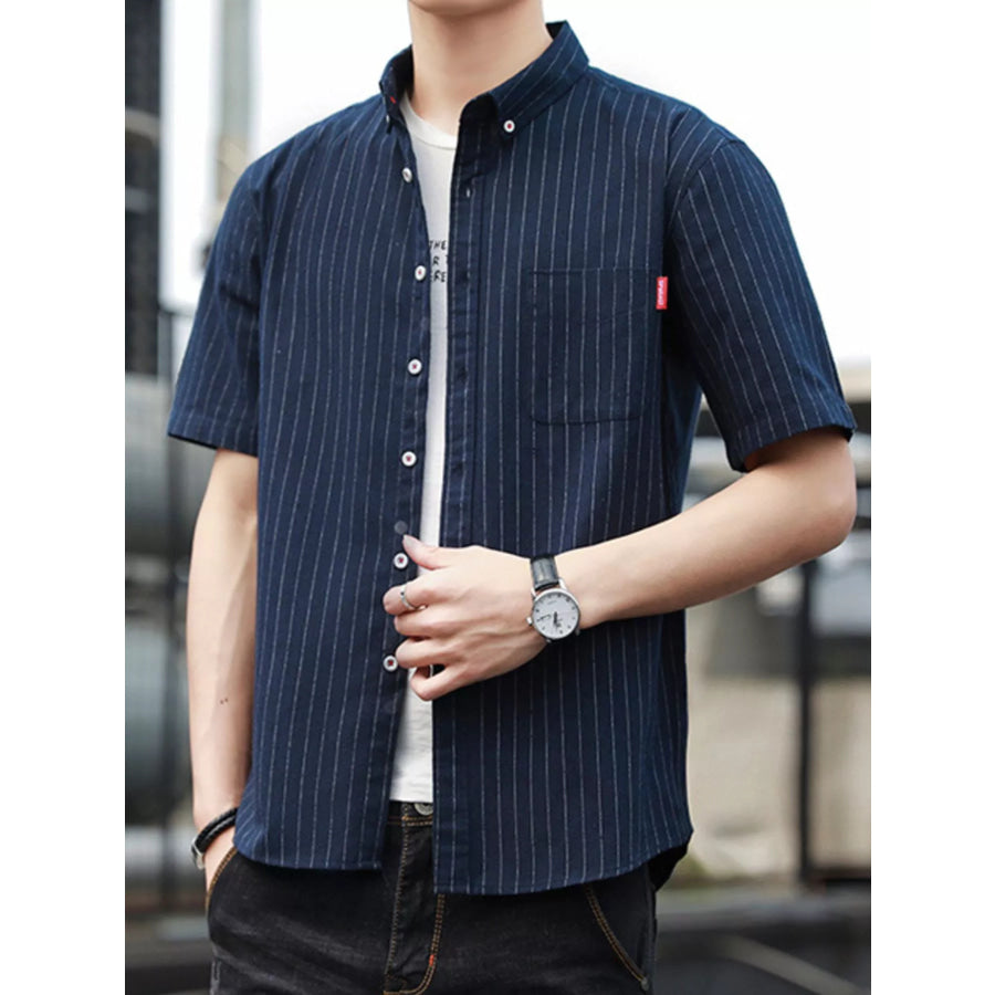 Men’s Plus Size Casual Striped Short Sleeve Shirt Navy Blue / M Apparel and Accessories