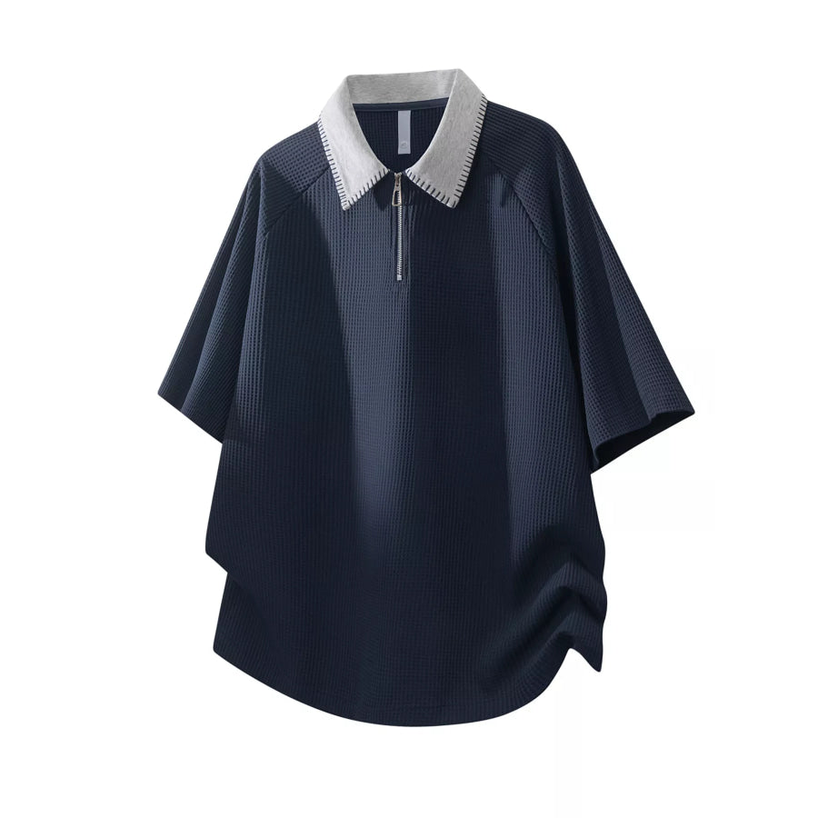 Men’s Plus Size Casual Waffle Knit Half-Zip Polo Navy Blue / M Apparel and Accessories