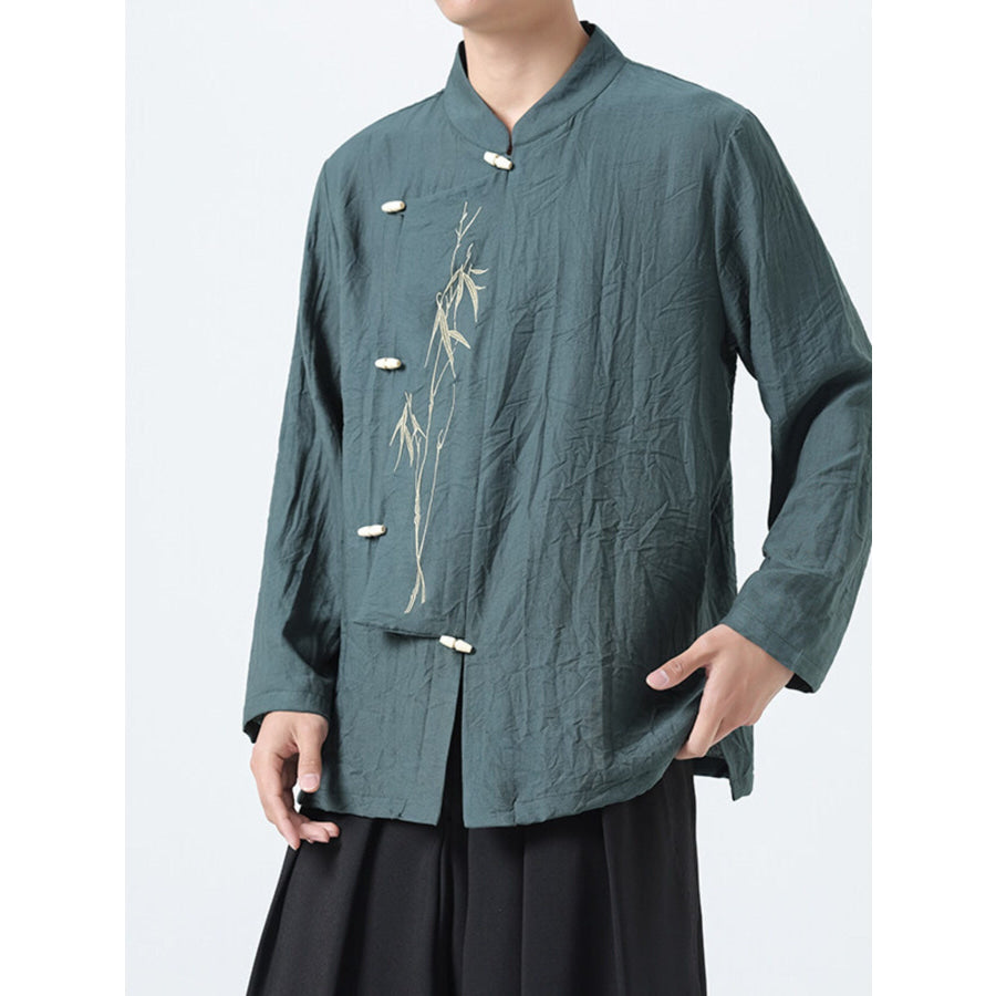 Men’s Plus Size Chinese Style Embroidered Bamboo Linen Shirt Apparel and Accessories