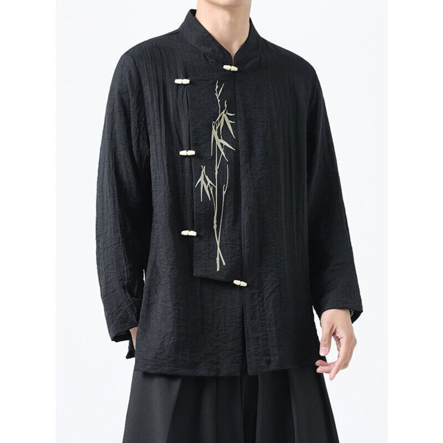 Men’s Plus Size Chinese Style Embroidered Bamboo Linen Shirt Black / M Apparel and Accessories