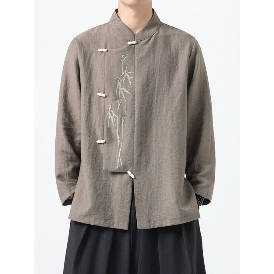 Men’s Plus Size Chinese Style Embroidered Bamboo Linen Shirt Mocha / M Apparel and Accessories