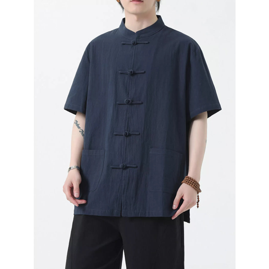 Men’s Plus Size Chinese Style Short-Sleeve Shirt Navy Blue / M Apparel and Accessories