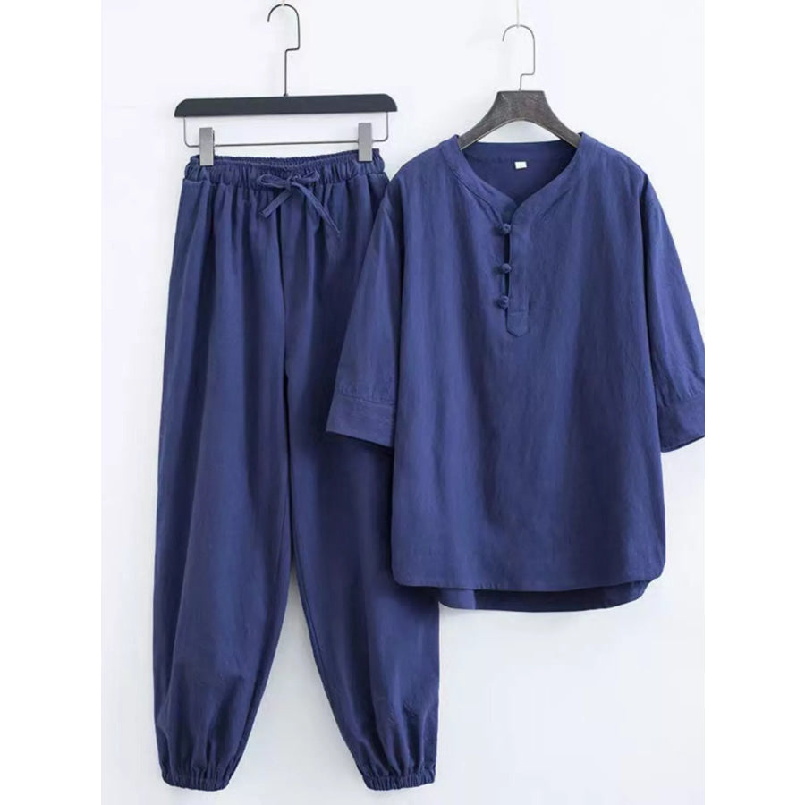 Men’s Plus Size Chinese Style Top and Pants Set Navy Blue / M Apparel and Accessories