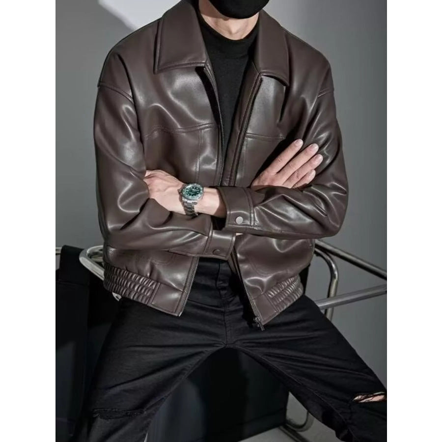 Men’s Plus Size Classic Black Faux Leather Bomber Jacket Apparel and Accessories