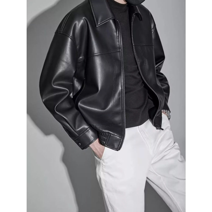 Men’s Plus Size Classic Black Faux Leather Bomber Jacket Apparel and Accessories