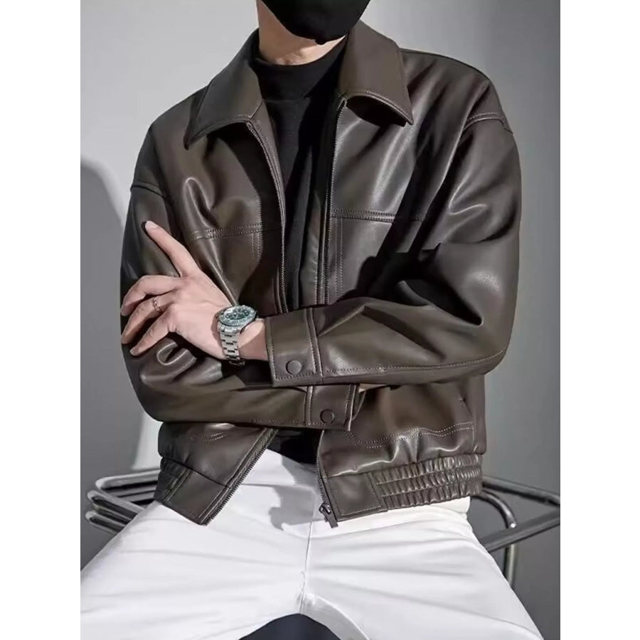 Men’s Plus Size Classic Black Faux Leather Bomber Jacket Coffee / M Apparel and Accessories