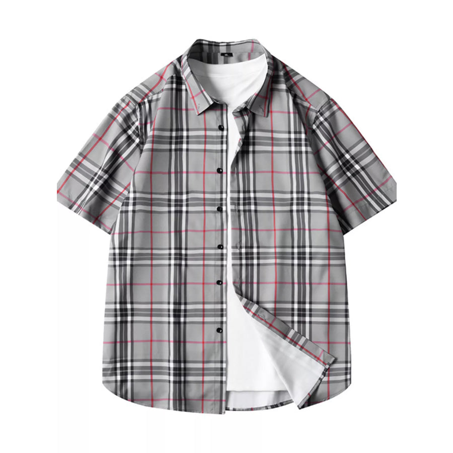 Men’s Plus Size Classic Plaid Short Sleeve Shirt Grey / M Apparel and Accessories