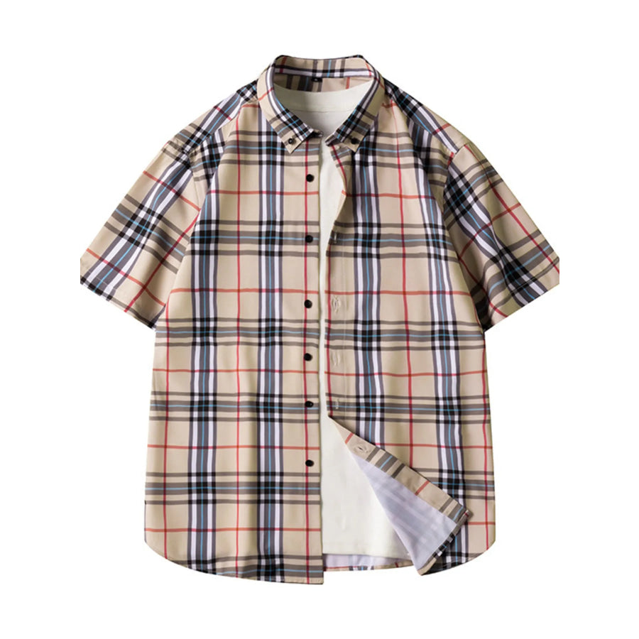 Men’s Plus Size Classic Plaid Short Sleeve Shirt Khaki / M Apparel and Accessories