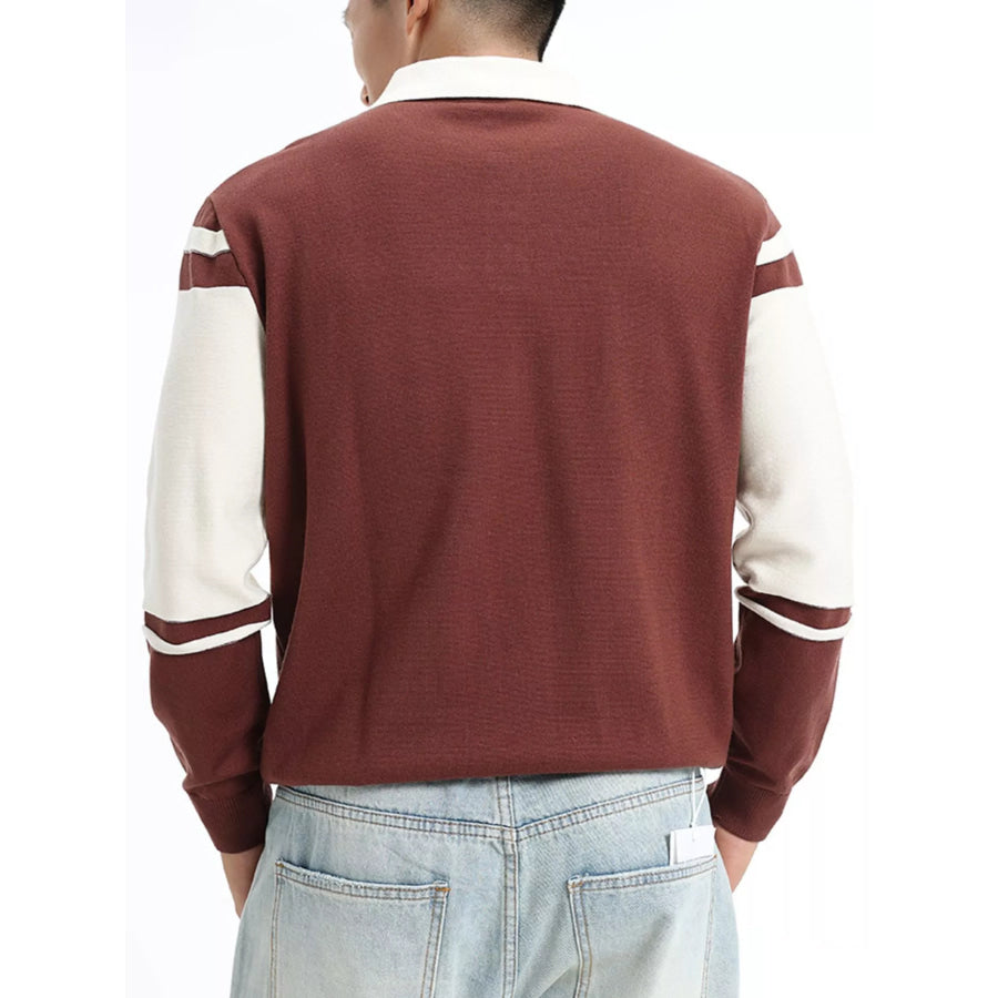 Men’s Plus Size Color-Block Striped Polo Collar Sweater Brown / M Apparel and Accessories