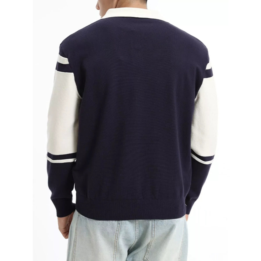 Men’s Plus Size Color-Block Striped Polo Collar Sweater Apparel and Accessories
