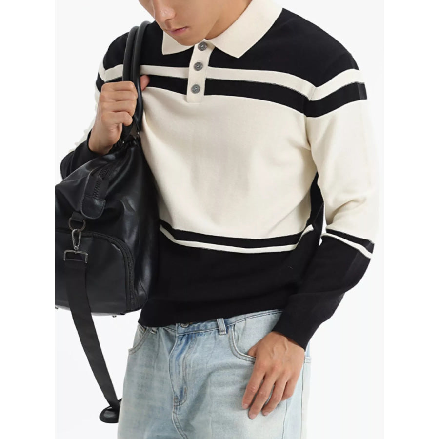 Men’s Plus Size Color-Block Striped Polo Collar Sweater Black / M Apparel and Accessories