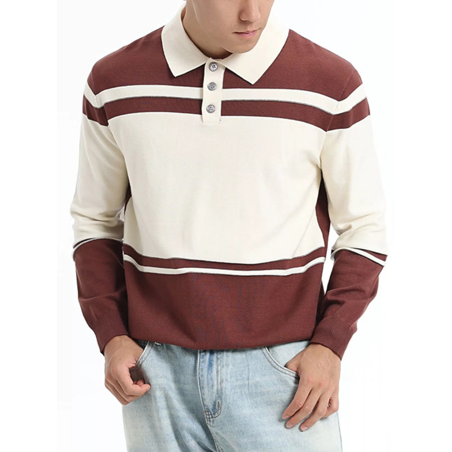 Men’s Plus Size Color-Block Striped Polo Collar Sweater Brown / M Apparel and Accessories
