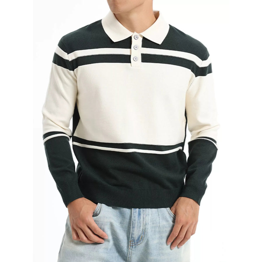 Men’s Plus Size Color-Block Striped Polo Collar Sweater Dark Green / M Apparel and Accessories