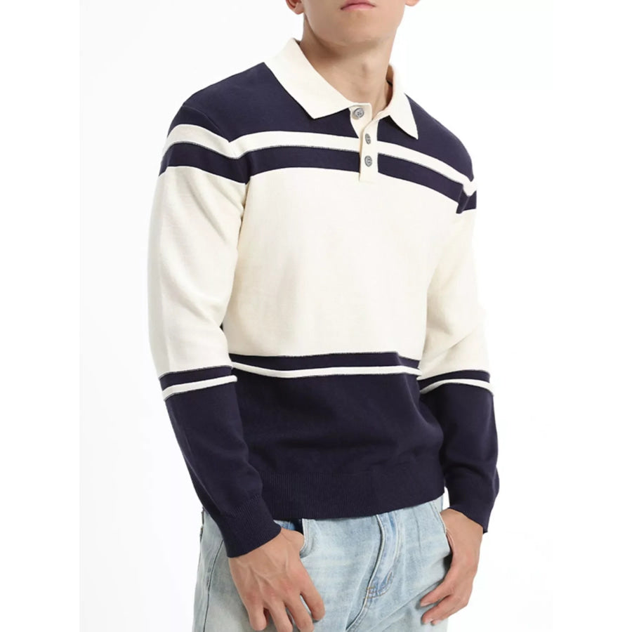 Men’s Plus Size Color-Block Striped Polo Collar Sweater Royal Blue / M Apparel and Accessories
