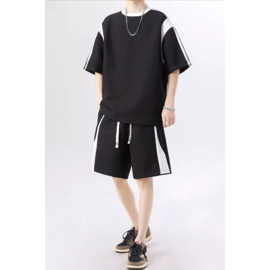 Men’s Plus Size Contrast Round Neck Top and Shorts Set Black / M Apparel and Accessories