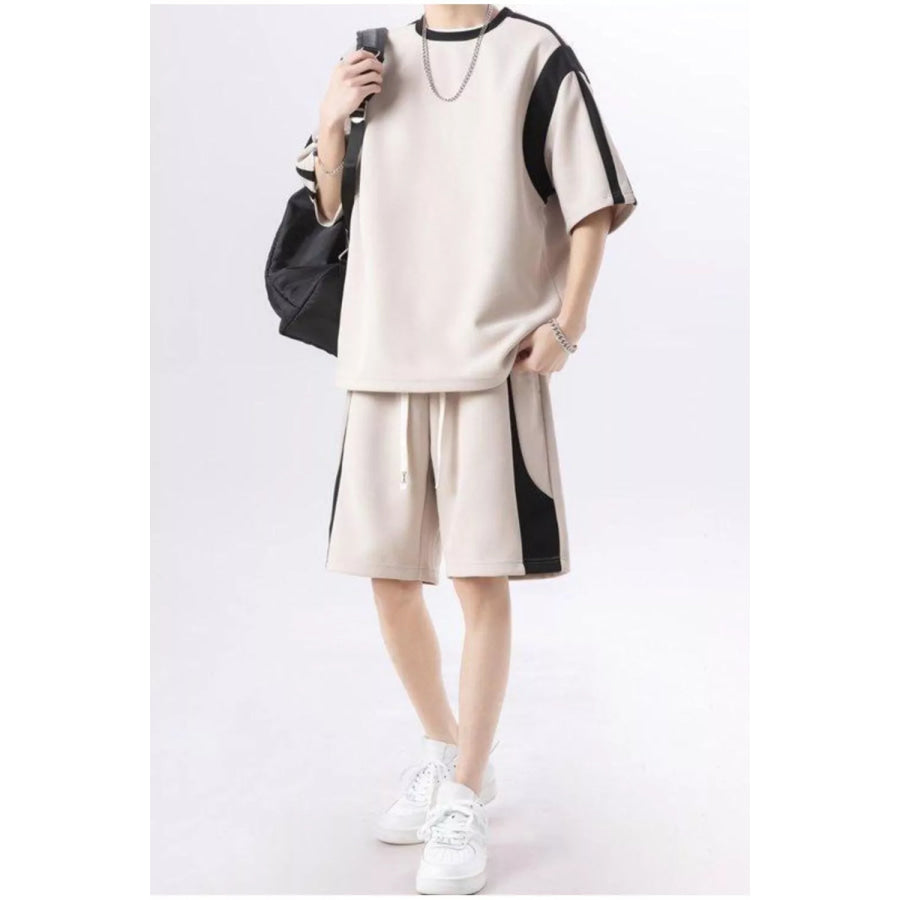 Men’s Plus Size Contrast Round Neck Top and Shorts Set Eggshell / M Apparel and Accessories