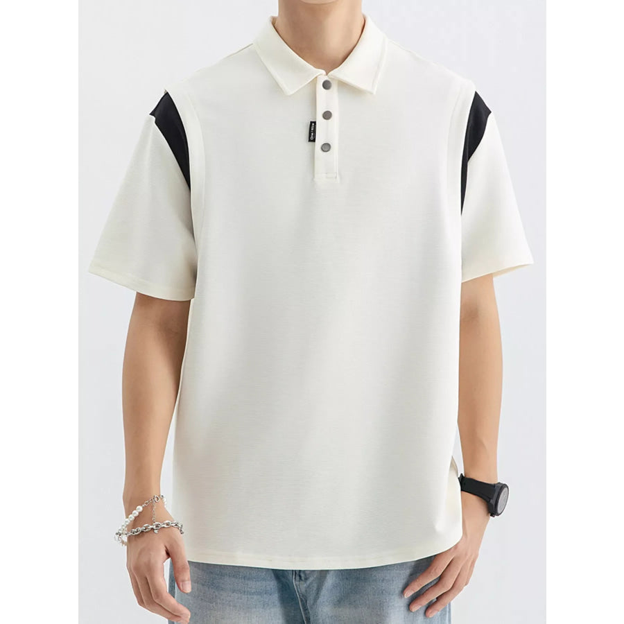 Men’s Plus Size Contrast Shoulder Casual Polo Beige / M Apparel and Accessories