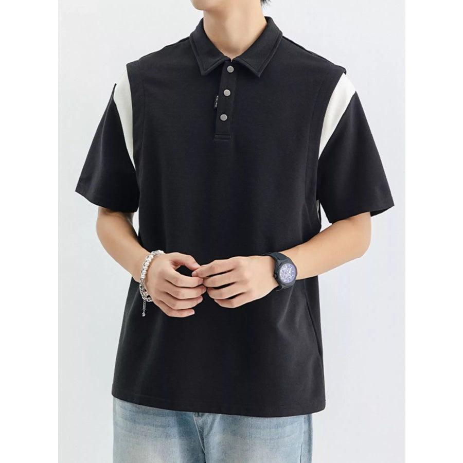 Men’s Plus Size Contrast Shoulder Casual Polo Black / M Apparel and Accessories