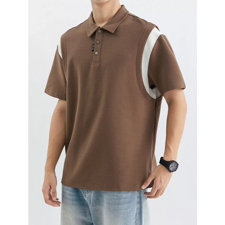 Men’s Plus Size Contrast Shoulder Casual Polo Brown / M Apparel and Accessories