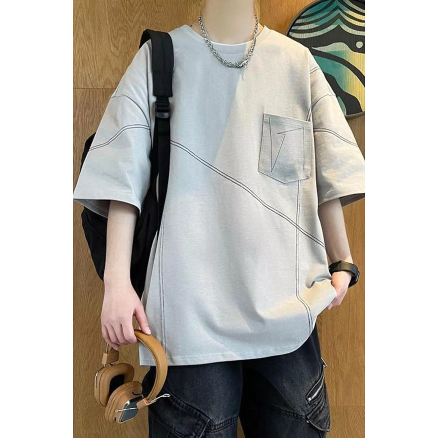Men’s Plus Size Contrast Stitching Oversized Round Neck T-Shirt Apparel and Accessories