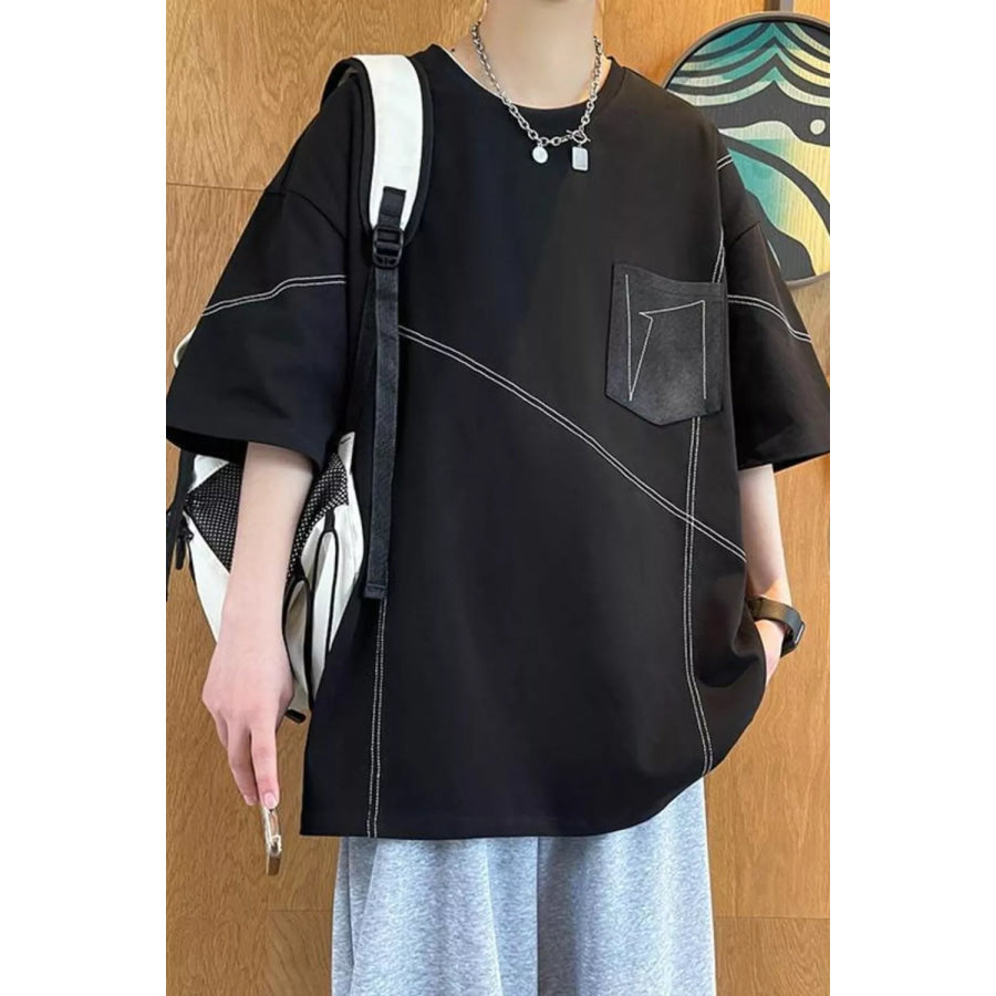 Men’s Plus Size Contrast Stitching Oversized Round Neck T-Shirt Black / M Apparel and Accessories