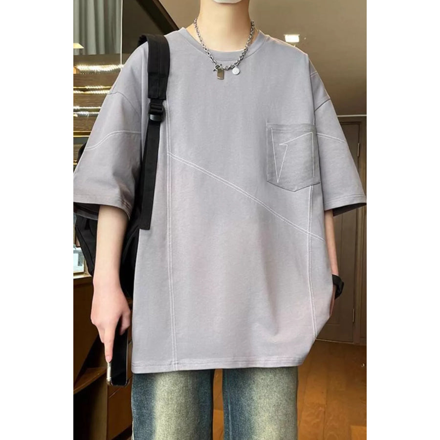 Men’s Plus Size Contrast Stitching Oversized Round Neck T-Shirt Dark Gray / M Apparel and Accessories