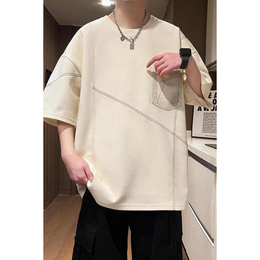 Men’s Plus Size Contrast Stitching Oversized Round Neck T-Shirt Light Apricot / M Apparel and Accessories