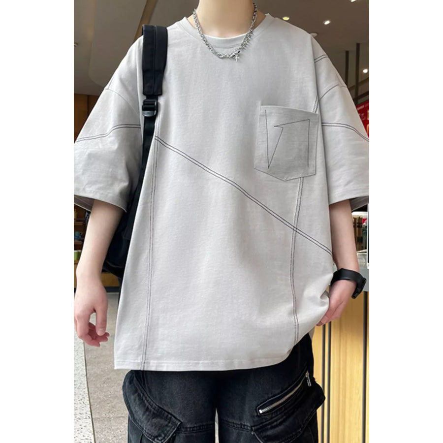 Men’s Plus Size Contrast Stitching Oversized Round Neck T-Shirt Light Gray / M Apparel and Accessories