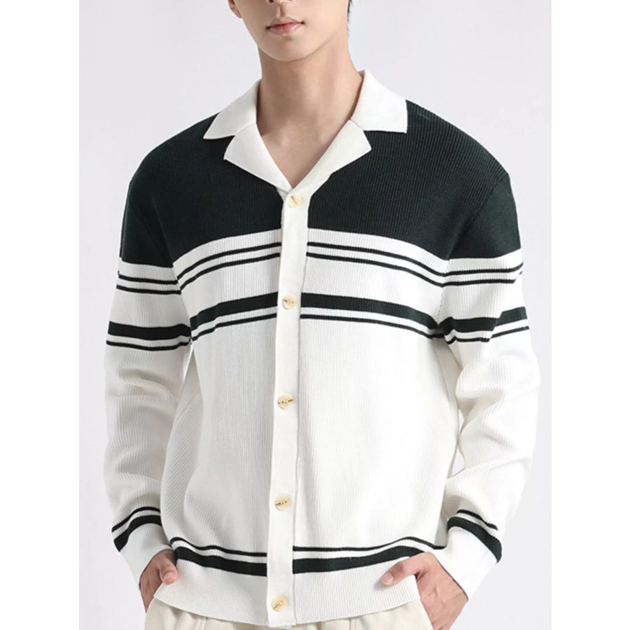 Men’s Plus Size Contrast Striped Button-Down Cardigan Apparel and Accessories
