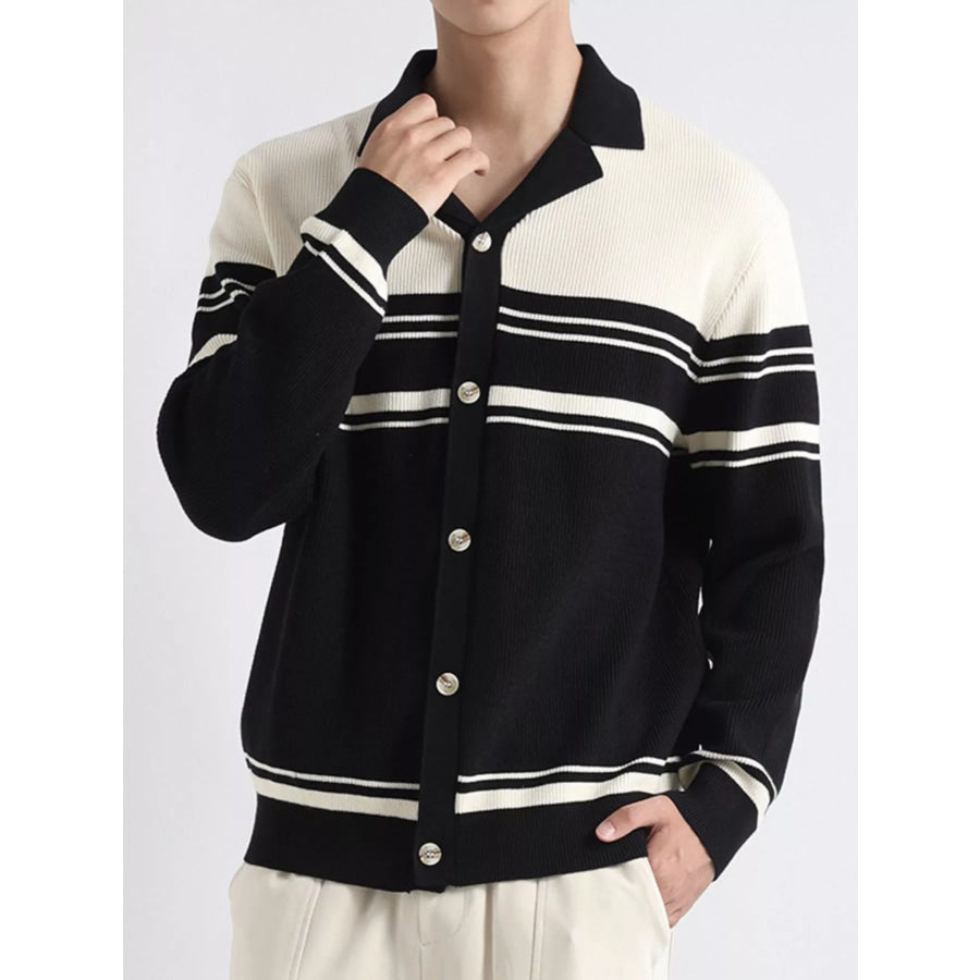 Men’s Plus Size Contrast Striped Button-Down Cardigan Apparel and Accessories
