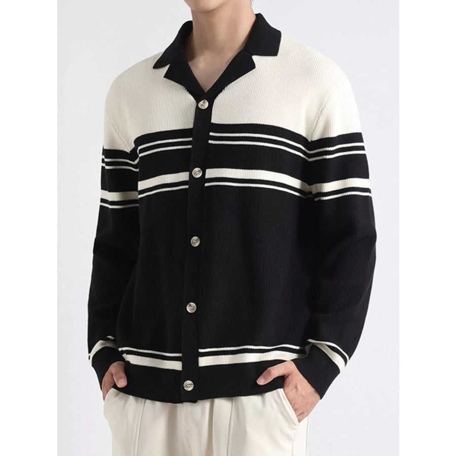 Men’s Plus Size Contrast Striped Button-Down Cardigan Black / M Apparel and Accessories