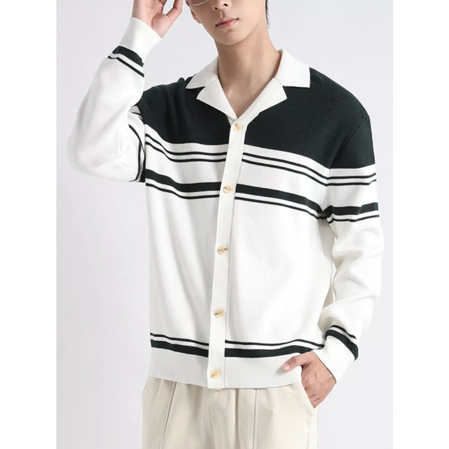 Men’s Plus Size Contrast Striped Button-Down Cardigan White / M Apparel and Accessories