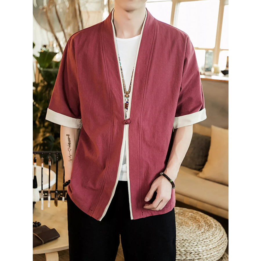 Men’s Plus Size Contrast Trim Half Sleeve Shirt Burgundy / M Apparel and Accessories