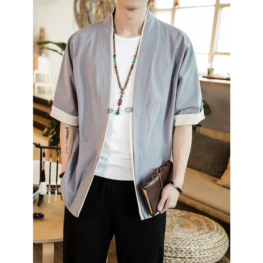 Men’s Plus Size Contrast Trim Half Sleeve Shirt Light Gray / M Apparel and Accessories